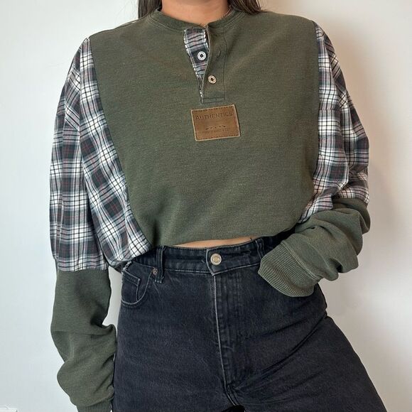 Reworked Wrangler Henley Sweater Long Sleeve Plaid Flannel Green Patchwork Shirt - Picture 2 of 4